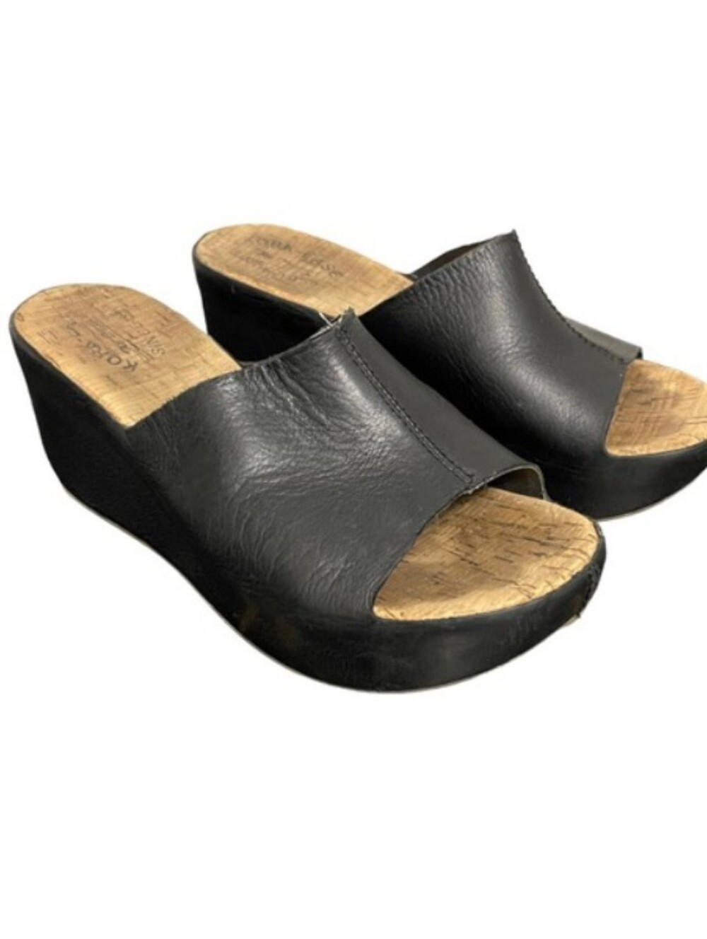 Kork-Ease Black Leather Cork Wedge Mules sz 7m